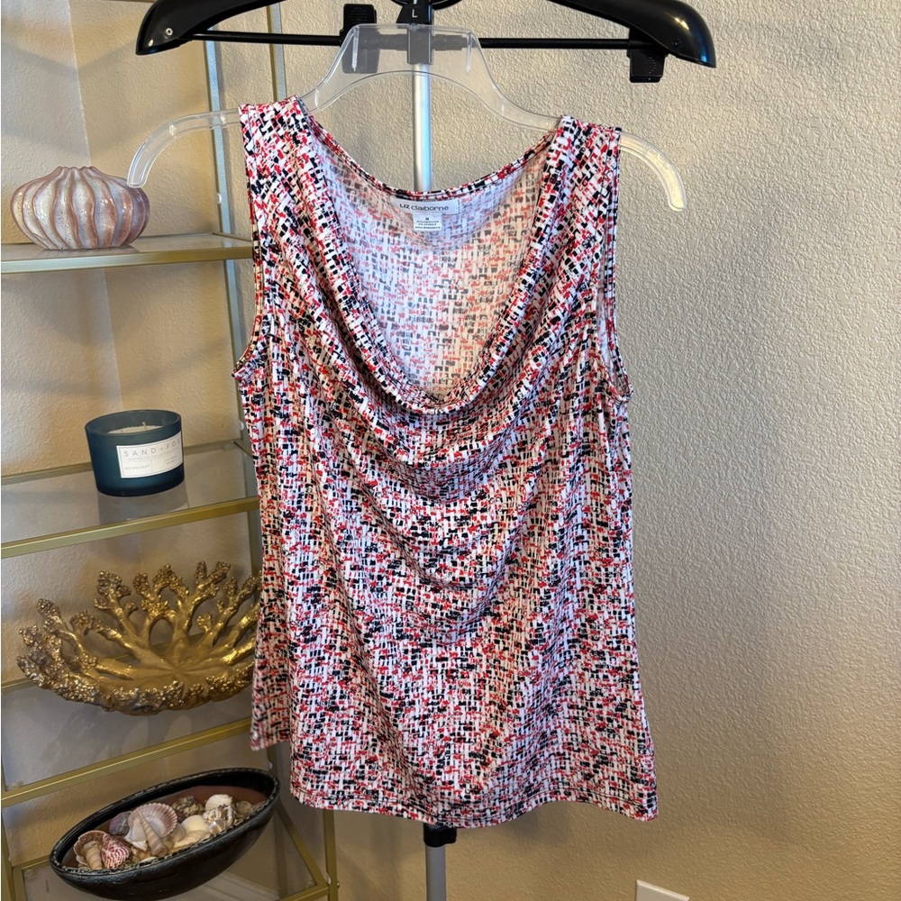 Liz Claiborne Sleeveless Cowl Neck Blouse Women’s Medium Red White Blue Print